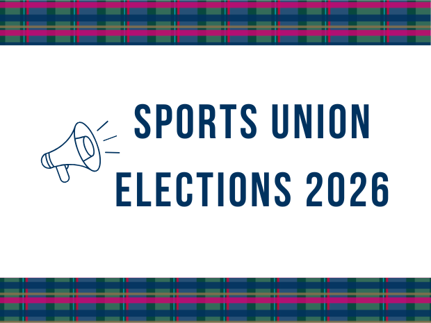 A colourful banner with a plaid border shows a blue megaphone icon and bold text reading “Sports Union Elections 2026” in the centre.